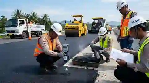 proses uji penetrasi aspal oleh tim qc aspal jasaaspaljakarta.com untuk proyek pengaspalan jalan raya di bogor.